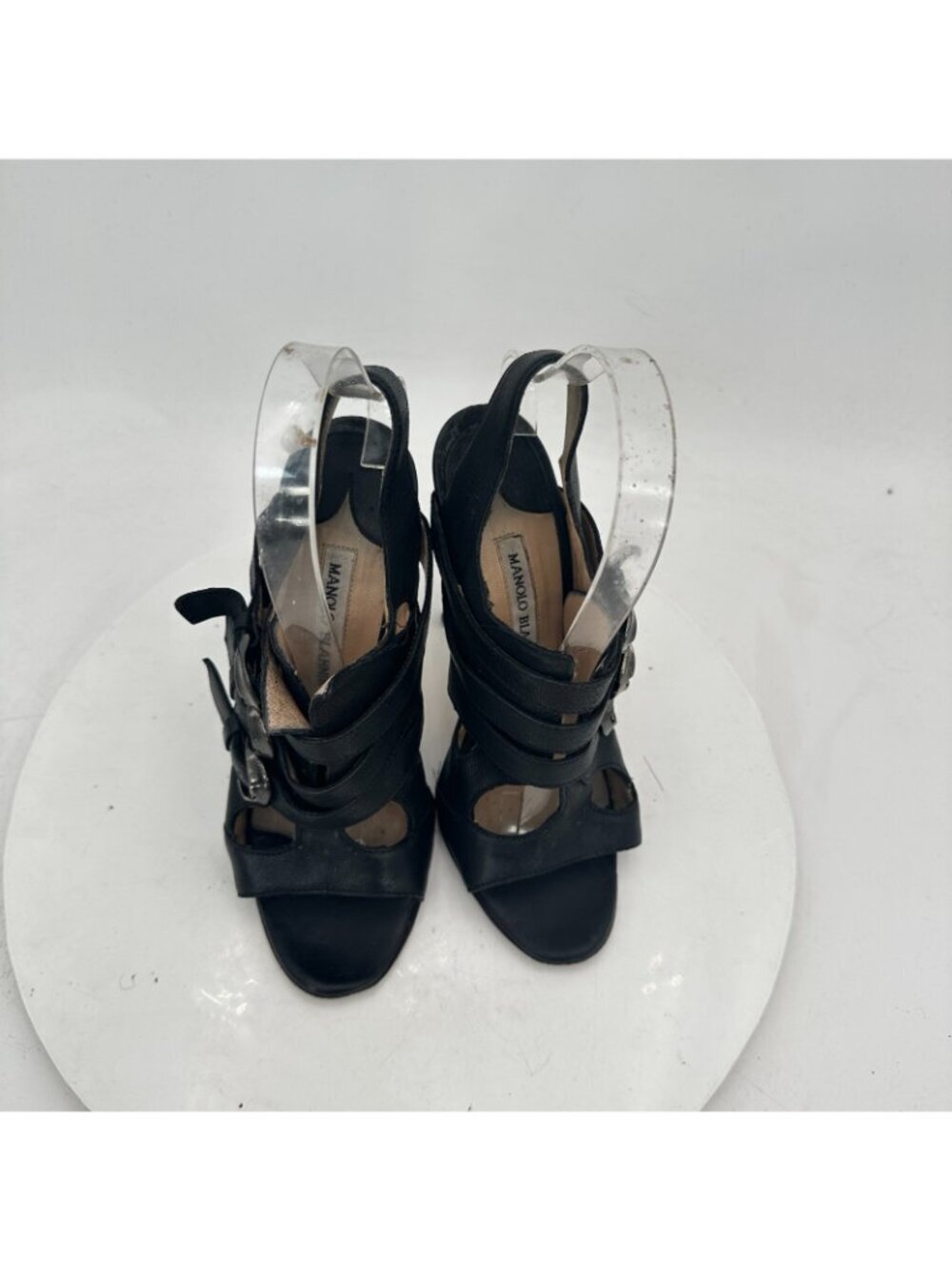 Manolo Blahnik Women EU 36 Black Leather Strappy Peep-Toe Stiletto Sandals - Picture 3 of 11